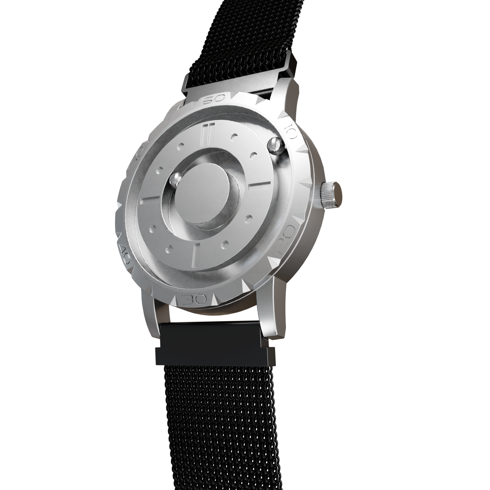 Magneto-Watch-Komet-Silver-Maschenarmband-Schwarz-Side